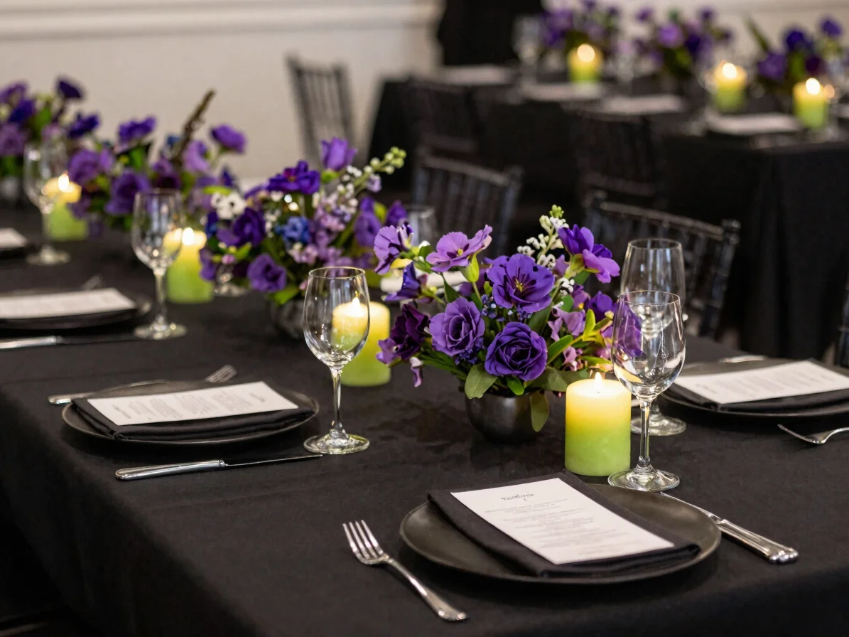 Close detail study of a styled event table with black linens, lim