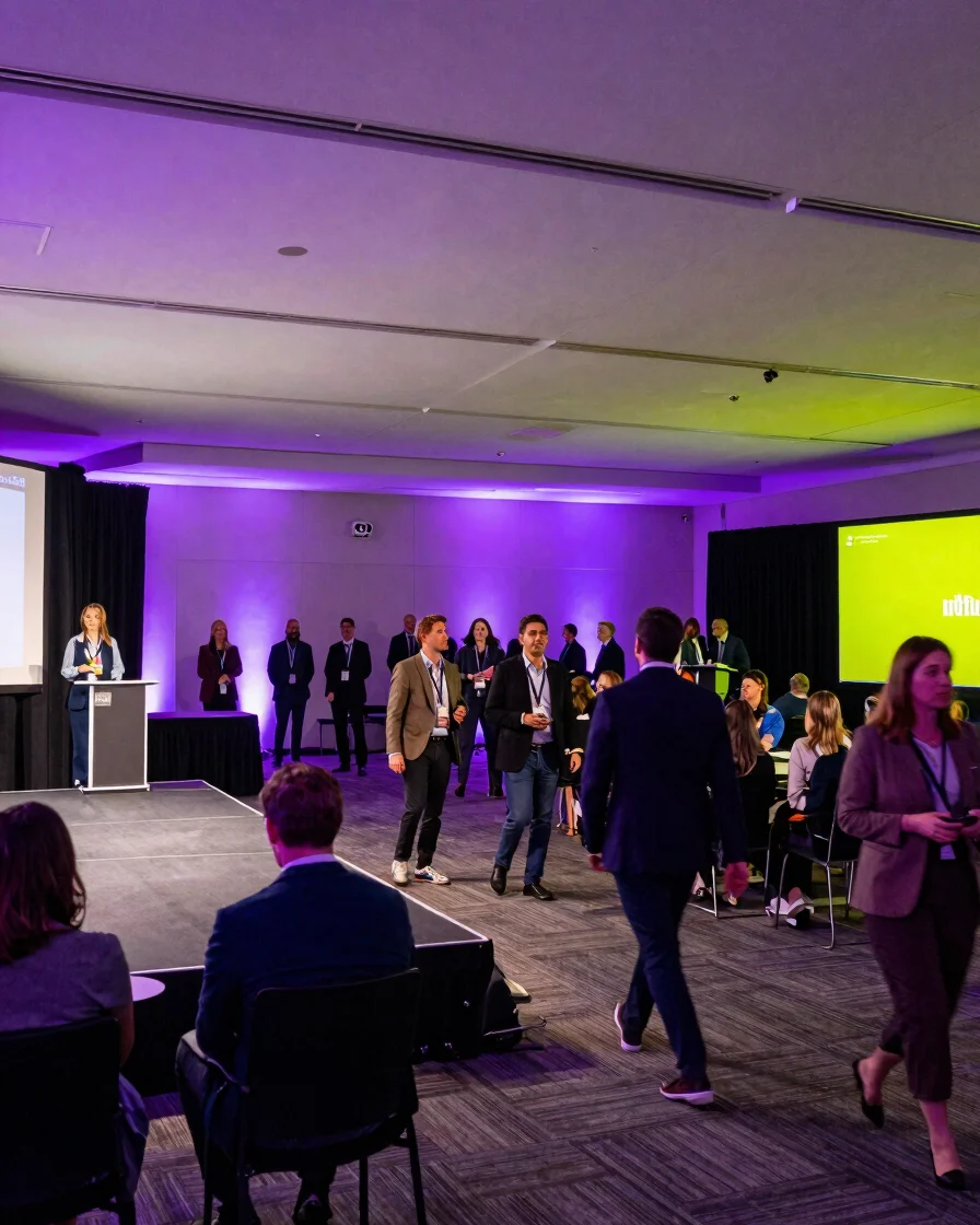 Editorial event photography of a fully lit corporate stage with p