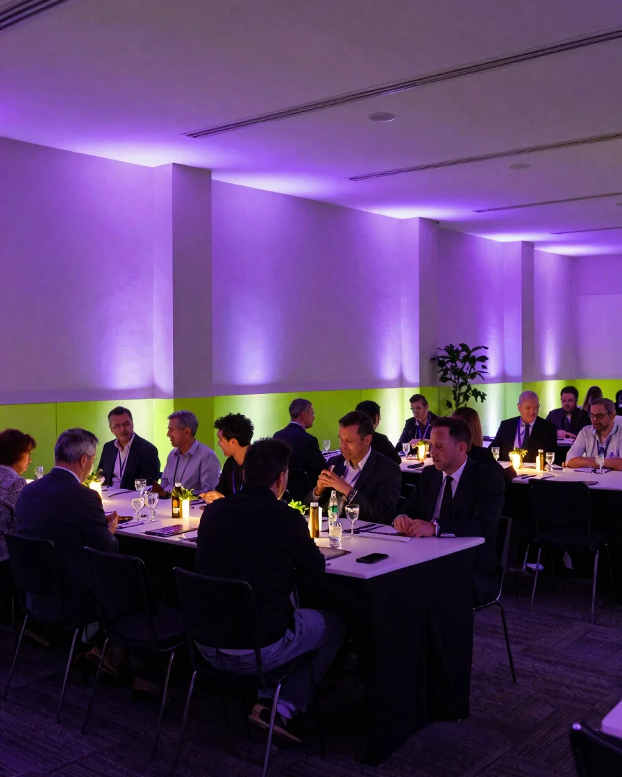 Wide editorial photograph of a completed corporate event space at
