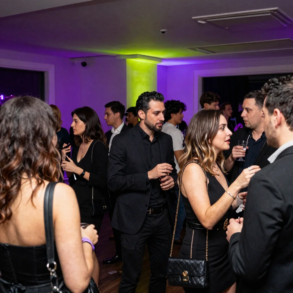 Candid editorial photograph of guests interacting at a private pa