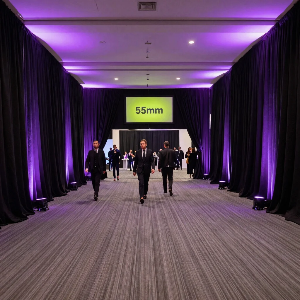 Wide editorial photograph of an event room transformed with black