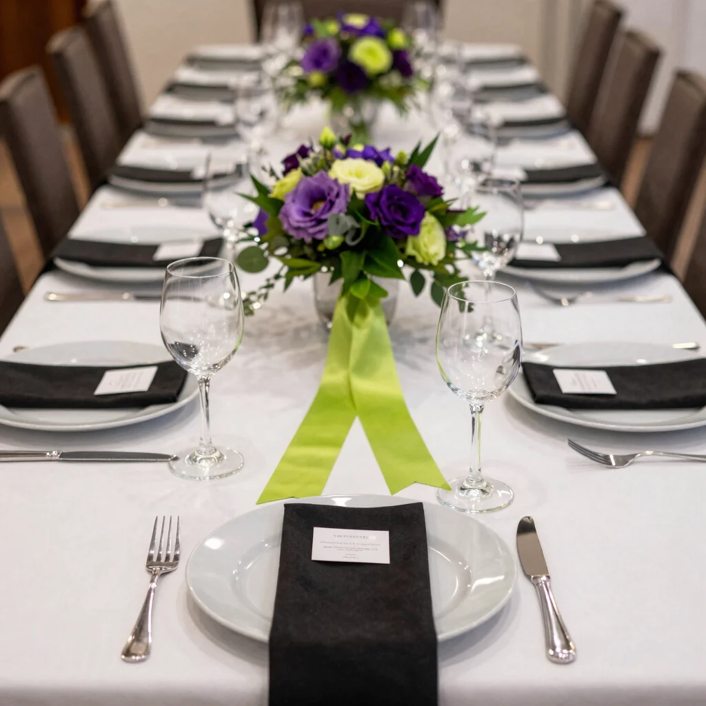 Detail study of place settings and floral arrangement with purple